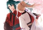  2boys archer_(fate/samurai_remnant) black_hanfu blonde_hair cherry_blossoms chinese_clothes facing_away falling_petals fate/samurai_remnant fate_(series) from_behind green_hair hair_ornament hanfu high_ponytail highres long_hair low-tied_sidelocks multicolored_hair multiple_boys nemu24i orange_eyes parted_bangs petals red_hanfu red_robe robe smile streaked_hair tassel tassel_hair_ornament white_hair white_hanfu zheng_chenggong_(fate) 