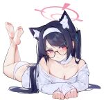  1girl absurdres alternate_costume animal_ear_fluff animal_ears ass barefoot bespectacled black-framed_eyewear black_hair blue_archive blush breasts cat_ears cleavage closed_mouth collarbone extra_ears fang glasses hairband halo highres large_breasts long_hair long_sleeves lying on_stomach painterliuhao panties pink_halo red_eyes serika_(blue_archive) simple_background soles solo sweater the_pose toes twintails underwear white_background white_hairband white_panties white_sweater 