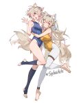  2girls alternate_costume animal_ear_fluff artist_name bandaid bandaid_hair_ornament bare_shoulders barefoot blonde_hair blue_eyes blue_hair blue_leotard blush breasts closed_mouth commission dog_girl english_commentary full_body fuwawa_abyssgard hair_ornament hand_up hololive hololive_english hug large_breasts leotard long_hair looking_at_viewer mococo_abyssgard multicolored_hair multiple_girls open_mouth pink_eyes pink_hair short_hair siblings simple_background sisters small_breasts smile streaked_hair sydus thigh_strap thighs toeless_legwear twins virtual_youtuber white_background x_hair_ornament yellow_leotard 