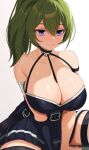  1girl absurdres arm_strap bare_shoulders belt belt_buckle between_breasts black_belt black_choker black_dress breasts buckle choker closed_mouth commentary_request dress gloves green_hair hair_between_eyes highres huge_breasts long_hair looking_at_viewer ni_tamago_sando o-ring o-ring_choker pleated_dress purple_eyes side_ponytail simple_background single_glove sitting smile solo sousou_no_frieren spread_legs strap_between_breasts thigh_strap ubel_(sousou_no_frieren) white_background 