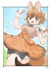  1girl animal_ears bow bowtie brown_eyes brown_hair dhole_(kemono_friends) extra_ears gloves highres kemono_friends kemono_friends_3 leggings looking_at_viewer outdoors ribbon shimazoenohibi short_hair skirt solo tail wolf_ears wolf_girl wolf_tail 