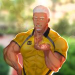  1boy absurdres bara blurry bokeh dark-skinned_male dark_skin depth_of_field employee_uniform eyebrow_cut glowing hand_up highres indie_virtual_youtuber large_pectorals lei_bailin lrpanda00 male_focus muscular muscular_male pectoral_cleavage pectorals scar scar_on_face scar_on_forehead second-party_source shirt short_hair smile solo taut_clothes taut_shirt thick_eyebrows uniform virtual_youtuber white_hair 