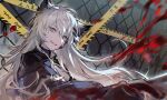  1girl absurdres animal_ears arknights black_coat blood blood_on_face blurry caution_tape chain-link_fence coat evil_grin evil_smile fence grey_eyes grin hair_between_eyes hair_ornament hairclip highres keep_out lappland_(arknights) long_hair long_sleeves looking_at_viewer motion_blur outstretched_arm scar scar_across_eye second_(byou) smile solo upper_body white_hair wolf_ears wolf_girl 