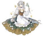  1girl apron ark_order blue_eyes braid breasts brown_corset cleavage closed_mouth clothing_cutout corset daffodil detached_sleeves dress flower full_body gold_trim green_dress grey_hair hair_ribbon hatoyama_itsuru jewelry large_breasts lily_(flower) long_sleeves looking_at_viewer official_art on_floor puffy_long_sleeves puffy_sleeves ribbon sitting smile solo tachi-e transparent_background virgo_(ark_order) white_apron white_flower white_sleeves yellow_ribbon 