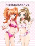  ;) alternate_hairstyle bikini blue_eyes bow breasts brown_hair collarbone commentary_request green_eyes hair_bow hand_on_hip horizontal_stripes houjou_hibiki kagami_chihiro looking_at_viewer medium_breasts minamino_kanade multiple_girls navel one_eye_closed orange_hair pink_bikini polka_dot polka_dot_background precure salute short_hair smile standing striped striped_background suite_precure swimsuit twintails v white_bikini white_bow 