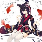  :d animal_ears azur_lane black_hair black_kimono bob_cut breasts cat_ears cat_mask commentary fang fish fucodoku japanese_clothes kimono large_breasts looking_at_viewer mask mask_on_head open_mouth red_eyes short_hair sideboob simple_background sitting smile solo thighhighs twitter_username white_background white_legwear wide_sleeves yamashiro_(azur_lane) 