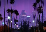  brush_stroke building city city_lights cityscape clear_sky diffraction_spikes glowing highres house lamppost night night_sky no_humans original outdoors palm_tree plant poupee_(capo_sung) purple_sky scenery sky skyscraper tree 