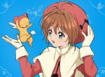  1girl aqua_eyes brown_hair cardcaptor_sakura feng_(feng_efu) gloves green_eyes hat kero_(cardcaptor_sakura) kinomoto_sakura looking_at_another open_mouth short_hair smile upper_body 