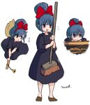  1girl blue_hair bow broom broom_riding brown_footwear closed_mouth cosplay flying_sweatdrops hair_bow hair_bun holding holding_broom kiki_(majo_no_takkyuubin) kiki_(majo_no_takkyuubin)_(cosplay) majo_no_takkyuubin mint_(mintlemonade3) open_mouth purple_eyes red_bow shima_rin short_hair simple_background solo white_background yurucamp 