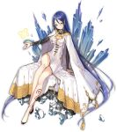  1girl ark_order black_footwear blue_hair blush bracelet breasts butterfly_hair_ornament cape cleavage_cutout closed_mouth clothing_cutout detached_sleeves dress full_body gold_trim hair_ornament hair_tubes ice jewelry kamon_(shinshin) large_breasts leg_tattoo long_hair long_sleeves looking_at_viewer magic nuwa_(ark_order) official_art shoes sidelocks sitting smile solo tachi-e tassel tattoo toe_cleavage transparent_background very_long_hair white_cape white_dress yellow_eyes 