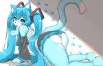  1girl all_fours animal_ear_fluff animal_ears ass barefoot black_skirt black_sleeves blue_eyes blue_hair blue_necktie blue_panties blush cat_ears cat_girl cat_tail commentary_request dated detached_sleeves fangs full_body furrification furry furry_female grey_shirt hair_ornament hatsune_miku highres horokusa_(korai) long_hair long_sleeves looking_at_viewer looking_back medium_bangs miniskirt necktie open_mouth panties paw_print paw_print_background pleated_skirt shirt skirt sleeveless sleeveless_shirt smile solo striped_clothes striped_panties tail tail_raised twintails underwear very_long_hair vocaloid white_panties 