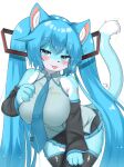  1girl animal_ear_fluff animal_ears black_skirt black_sleeves black_thighhighs blue_eyes blue_hair blue_necktie blush breast_suppress breasts cat_ears cat_girl cat_tail commentary_request cowboy_shot dated detached_sleeves fangs furrification furry furry_female grey_shirt half-closed_eyes hatsune_miku highres horokusa_(korai) large_breasts leaning_forward long_hair long_sleeves looking_at_viewer medium_bangs miniskirt necktie open_mouth pleated_skirt shirt simple_background skin_fangs skirt sleeveless sleeveless_shirt smile solo tail tail_raised thighhighs tongue tongue_out twintails very_long_hair vocaloid 