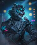 anthro artist_name black_collar blue_markings blurred_background cheek_tuft chest_tuft clothing collar ear_piercing ear_ring ear_stud electronics facial_tuft fangs felid fur glistening glistening_eyes green_eyes grey_body grey_clothing grey_fur grey_jacket grey_topwear hi_res holding_microphone holding_object jacket male mammal marie_merkh markings microphone open_mouth piercing pink_nose red_tongue ring_piercing signature solo spiked_collar spikes teeth tongue topwear tuft whiskers