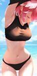  1girl alternate_costume armpits arms_up beach bikini black_bikini black_shirt black_tank_top blue_sky breasts closed_eyes closed_mouth cloud cloudy_sky cohi27151463 commentary cowboy_shot crop_top day hashtag-only_commentary head_wings hololive medium_breasts navel ocean outdoors pink_hair shirt short_hair side-tie_bikini_bottom sky smile solo standing stomach sunlight swimsuit takane_lui tank_top undressing virtual_youtuber wings 