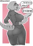 absurd_res angry anthro breasts butt cavemanon_studios clothed clothing dialogue dinosaur eyewear female glasses goodbye_volcano_high hair hi_res jazzelart mrs._roberts_(gvh) pink_background reptile scalie simple_background snoot_game solo