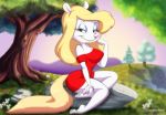  2017 4_fingers animaniacs anthro bare_shoulders big_breasts blonde_hair breasts clothed clothing creamytea detailed_background dress eyelashes female hair half-closed_eyes long_hair looking_at_viewer mammal minerva_mink mink mustelid outside pink_nose short_dress sitting smile solo thin_waist warner_brothers 