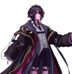  1boy arm_belt bandaged_neck bandages belt black_coat black_hair chest_belt child closed_eyes coat collared_shirt colored_skin dimension_walker_(dungeon_and_fighter) dungeon_and_fighter expressionless geebee_79 hair_over_one_eye highres long_sleeves looking_at_viewer looking_down male_focus male_mage_(dungeon_and_fighter) medium_hair messy_hair oversized_clothes parted_bangs pointy_ears purple_coat purple_skin red_eyes shirt shorts simple_background solo strap thigh_belt thigh_strap torn_clothes torn_shorts upper_body white_background white_shirt wolf_cut 