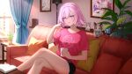  1girl absurdres animal black_shorts book breasts cat commentary_request couch crossed_legs cup curtains day dolphin_shorts elysia_(honkai_impact) hair_between_eyes hand_up hh_long highres holding holding_cup honkai_(series) honkai_impact_3rd indoors lamp looking_at_viewer on_couch open_book parted_lips pillow pink_hair pink_shirt plant potted_plant purple_eyes shelf shirt short_hair short_sleeves shorts sitting small_breasts smile solo sunlight table window wooden_floor 