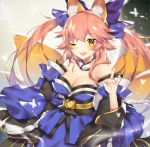  animal_ear_fluff animal_ears blue_ribbon breasts bug butterfly cleavage commentary detached_sleeves fang fate/extra fate/grand_order fate_(series) fox_ears fox_shadow_puppet fox_tail hair_ribbon insect japanese_clothes large_breasts looking_at_viewer moon multiple_tails open_mouth pink_hair ribbon tail tamamo_(fate)_(all) tamamo_no_mae_(fate) twitter_username type-moon xionfes yellow_eyes 