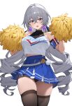  1girl absurdres ai-generated alternate_costume armband bare_shoulders black_panties black_thighhighs blue_skirt breasts bronya_rand cheerleader commentary cowboy_shot crossed_bangs drill_hair earrings grey_eyes grey_hair hair_intakes hashtag_only_commentary highres holding holding_pom_poms honkai:_star_rail honkai_(series) jewelry large_breasts long_hair looking_at_viewer midriff open_mouth panties pleated_skirt pom_pom_(cheerleading) shirt simple_background skindentation skirt sleeveless sleeveless_shirt solo thighhighs twin_drills two-tone_shirt underwear very_long_hair white_background zero_(qingsongzero) 