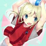  :d absurdres arms_up ball bangs belly_peek blonde_hair blue_eyes commentary_request excaliburcoin eyebrows_visible_through_hair fang hario_4 highres holding holding_ball logo medium_hair navel open_mouth shirt_lift short_sleeves smile soccer_ball soccer_uniform solo sportswear 