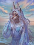 alison_holt_(character) anthro artist_name beach blue_clothing blue_dress blue_eyes blue_sky brown_markings canid clothed clothing cloud dress facial_markings female hair half-length_portrait head_markings hi_res inner_ear_fluff long_hair looking_at_viewer mammal marie_merkh markings multicolored_eyes orange_eyes outside portrait seaside signature sky solo tan_body tuft two_tone_eyes white_body white_hair white_inner_ear_fluff