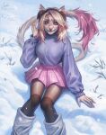 anthro blonde_hair blue_clothing blue_topwear bottomwear clothed clothing ear_warmers felid female front_view fur glistening glistening_eyes grass hair hi_res looking_at_viewer mammal marie_merkh multicolored_hair outside pink_bottomwear pink_clothing pink_hair pink_skirt plant purple_eyes sitting skirt smile snow solo tail tail_tuft tan_body tan_fur topwear tuft two_tone_hair