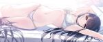  1girl absurdres armpits arms_up black_hair blush bra breasts commentary groin hair_spread_out highres idolmaster idolmaster_shiny_colors kazano_hiori looking_at_viewer lying navel panties signature sikimosh small_breasts solo stomach thigh_gap underwear underwear_only white_bra white_panties 