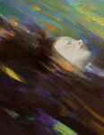  1girl abstract afloat art_study brown_hair closed_eyes closed_mouth commentary english_commentary faux_traditional_media from_side highres lips long_hair looking_up nose original parted_lips partially_submerged profile solo water yuming_li 