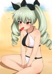  1girl absurdres anchovy_(girls_und_panzer) beach bikini breasts commentary drill_hair english_commentary flying_sweatdrops food food_in_mouth girls_und_panzer green_hair halterneck highres indian_style long_hair mouth_hold navel official_alternate_costume on_ground popsicle popsicle_in_mouth red_eyes sitting small_breasts solo string_bikini sweat swimsuit twin_drills twintails white_bikini yisusjpl 