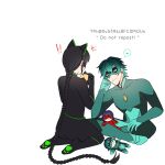  1boy 1girl animal_ears black_bodysuit black_hair black_mask blue_hair bodysuit braid cat_ears cat_girl character_doll chat_noir closed_mouth doll green_bodysuit green_hair green_mask highres lady_noir ladybug_(character) looking_at_another luka_couffaine marinette_dupain-cheng miraculous_ladybug simple_background single_braid sitting smile sv5fasc8fc0moux white_background 