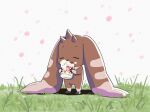  animal_ears brown_fur closed_eyes digimon digimon_(creature) eating hamoo8686 highres horns lop_rabbit_ears lopmon on_grass open_mouth rabbit_ears simple_background solo standing white_background 