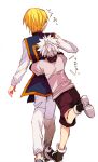  2boys blonde_hair chiyo_(rotsurechiriha) commentary_request from_behind full_body hug hug_from_behind hunter_x_hunter killua_zoldyck kurapika long_sleeves male_focus multiple_boys short_hair shorts simple_background spiked_hair surprised sweatdrop translation_request walking white_background white_hair 