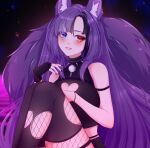  1girl absurdres animal_ear_fluff animal_ears awful_queen_(vtuber) bell black_nails breasts clothing_cutout fox_ears fox_girl fox_tail haharii heart_cutout heterochromia highres indie_virtual_youtuber looking_at_viewer monster_girl neck_bell purple_hair solo tail virtual_youtuber 