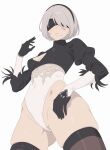  1girl 2b_(nier:automata) absurdres artist_request blindfold breasts cleavage_cutout closed_mouth clothing_cutout commentary feather_trim gloves hairband highleg highleg_leotard highres leotard long_sleeves medium_breasts mole mole_under_mouth nier:automata nier_(series) shiny_skin short_hair simple_background thighhighs white_background white_hair xz 