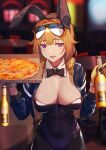  1girl 3_small_spiders animal_ears black_gloves black_leotard black_pantyhose blue_jacket blurry blurry_background blush bottle box breasts brown_hair cleavage cropped_jacket eyewear_on_head fake_animal_ears food fur-trimmed_jacket fur_trim girls&#039;_frontline gloves grizzly_mkv_(girls&#039;_frontline) highres holding holding_bottle holding_box jacket leotard looking_at_viewer open_mouth pantyhose pizza pizza_box playboy_bunny purple_eyes rabbit_ears short_hair smile solo stool sunglasses table two-tone_gloves upper_body yellow_gloves 