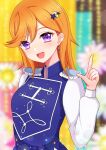  1girl blurry blurry_background commentary_request earrings epaulettes hair_ornament highres jewelry long_sleeves looking_at_viewer love_live! love_live!_superstar!! medium_hair open_mouth orange_hair pointing pointing_up purple_eyes shibuya_kanon sikamiya sing!_shine!_smile! solo standing star_(symbol) star_hair_ornament upper_body 