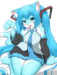  1girl animal_ear_fluff animal_ears barefoot black_skirt black_sleeves blue_eyes blue_hair blue_necktie blush breasts cat_ears cat_girl cat_tail commentary_request dated detached_sleeves fangs foot_out_of_frame furrification furry furry_female grey_shirt hatsune_miku highres horokusa_(korai) long_hair long_sleeves looking_at_viewer medium_bangs medium_breasts necktie open_mouth pleated_skirt shirt sitting skirt sleeveless sleeveless_shirt smile solo tail very_long_hair vocaloid 
