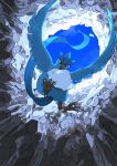  animal_focus aomon_(yuuji7604) articuno bird blue_sky commentary flying from_below glacier highres looking_at_viewer looking_down no_humans outdoors pokemon pokemon_(creature) red_eyes sky talons 