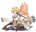  1girl ark_order arrow_(projectile) blonde_hair blue_scarf boots bow_(weapon) brown_footwear crop_top detached_wings drawing_bow elbow_gloves feathered_wings fighting_stance forehead_protector full_body gloves gold_trim hair_intakes holding holding_arrow holding_bow_(weapon) holding_weapon icarus_(ark_order) jewelry kamisa looking_at_viewer midriff official_art orange_wings quiver ring scarf shirt short_hair skirt solo squatting stomach tachi-e thigh_boots thighhighs transparent_background weapon white_gloves white_shirt white_skirt wings 