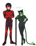  1boy 1girl adrien_agreste angry animal_ears black_bodysuit black_hair bodysuit braid cat_ears cat_girl full_body highres lady_noir long_hair looking_at_another marinette_dupain-cheng miraculous_ladybug misterbug_(character) open_mouth red_bodysuit red_eyes simple_background single_braid smile superhero_costume sv5fasc8fc0moux white_background yellow_eyes 