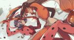  2girls animal_ears blue_eyes blue_hair bodysuit brown_hair fighting fox_ears fox_girl fox_tail highres holding holding_weapon ladybug_(character) lila_rossi long_hair marinette_dupain-cheng miraculous_ladybug multiple_girls orange_bodysuit red_bodysuit red_mask seio_(nao_miragggcc45) short_twintails smile superhero_costume tail twintails weapon 