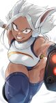  1girl absurdres animal_ears bare_shoulders boku_no_hero_academia breasts crescent_print dark-skinned_female dark_skin fengling_(furin-jp) fur_collar gloves grin highleg highleg_leotard highres large_breasts leotard long_eyelashes looking_at_viewer mechanical_arms mirko parted_bangs rabbit_ears rabbit_girl red_eyes running_towards_viewer scar scar_on_leg short_hair single_mechanical_arm sleeveless_turtleneck_leotard smile solo taut_leotard thighhighs thighs toned v-shaped_eyebrows white_gloves white_hair white_leotard 