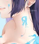  1girl blue_background breasts cleavage commentary english_commentary highres large_breasts long_hair love_live! love_live!_school_idol_project niant9n nude paint_on_body paint_splatter paint_splatter_on_face parted_lips portrait purple_hair smile solo tojo_nozomi twitter_username 