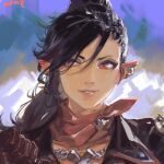 1girl artist_name black_hair earclip elezen elf final_fantasy final_fantasy_xiv frischenq hair_between_eyes high_ponytail hilda_ware long_hair looking_to_the_side multicolored_background neckerchief no_lineart parted_lips pointy_ears ponytail portrait red_eyes red_neckerchief sideways_glance smile solo swept_bangs 