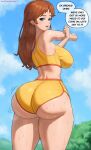  1girl alternate_ass_size ass blue_eyes blue_sky bouncing_ass bouncing_breasts breasts brown_hair buruma day english_commentary from_behind highres huge_ass large_breasts long_hair looking_at_viewer looking_back mario_(series) midriff motion_lines open_mouth outdoors outstretched_arms patreon_username princess_daisy sidelocks sky solo speech_bubble sports_bra stretching superbusty sweat talking thick_thighs thighs tree very_sweaty workout_clothes 