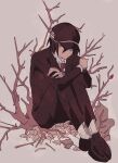  1boy black_hair black_jacket branch closed_mouth commentary_request crossed_arms danganronpa_(series) danganronpa_v3:_killing_harmony hair_between_eyes harunotano hat hat_over_one_eye hugging_own_legs jacket knees_up leaf legs_together long_sleeves looking_at_viewer male_focus monochrome necktie saihara_shuichi school_uniform sepia short_hair simple_background sitting sketch solo yellow_eyes 