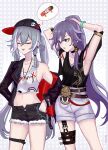  2girls adjusting_hair armpits arms_up baseball_cap black_choker black_hair black_jacket black_shirt black_shorts blue_eyes bracelet casual choker closed_eyes cowboy_shot denim denim_shorts dog_tags eyeliner fu_hua fu_hua_(herrscher_of_sentience) fu_hua_(night_squire) fu_hua_(rustic_noir) grey_background hat highres honkai_(series) honkai_impact_3rd jacket jewelry long_hair makeup multiple_girls navel ninachii open_clothes open_jacket open_mouth polka_dot polka_dot_background ponytail red_eyeliner shirt shorts smile stomach thigh_strap triangle_mouth v-shaped_eyebrows very_long_hair white_shirt white_shorts 