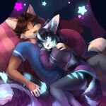 2024 aiko_(hikarukurisu) anthro black_hair blue_eyes brown_hair canid canine canis clothed clothing cuddling duo felid feline female fluffy fluffy_tail hair hi_res hug long_hair lying male mammal miles_long one_eye_closed tail talilly wink wolf