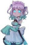  1girl absurdres apron aqua_eyes corviwing detached_sleeves dress frilled_dress frills ghost_hair_ornament glowing glowing_eyes gradient_hair green_hair hair_ribbon highres indie_virtual_youtuber maid maid_apron maid_headdress mint_fantome multicolored_hair pink_hair ribbon simple_background sleeves_past_fingers sleeves_past_wrists twintails 